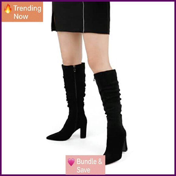 Knee High Boots with Block Heel, Pointed Toe, Side Zipper, Ankle Strap - Picture 3 of 7